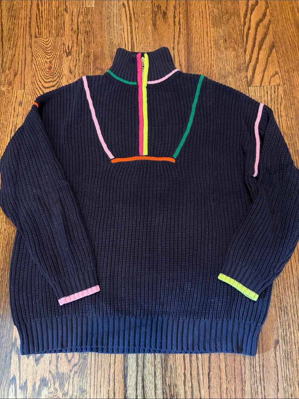 STAUD Navy Knit Half-Zip Sweater with Neon Trim Hampton sweater xs